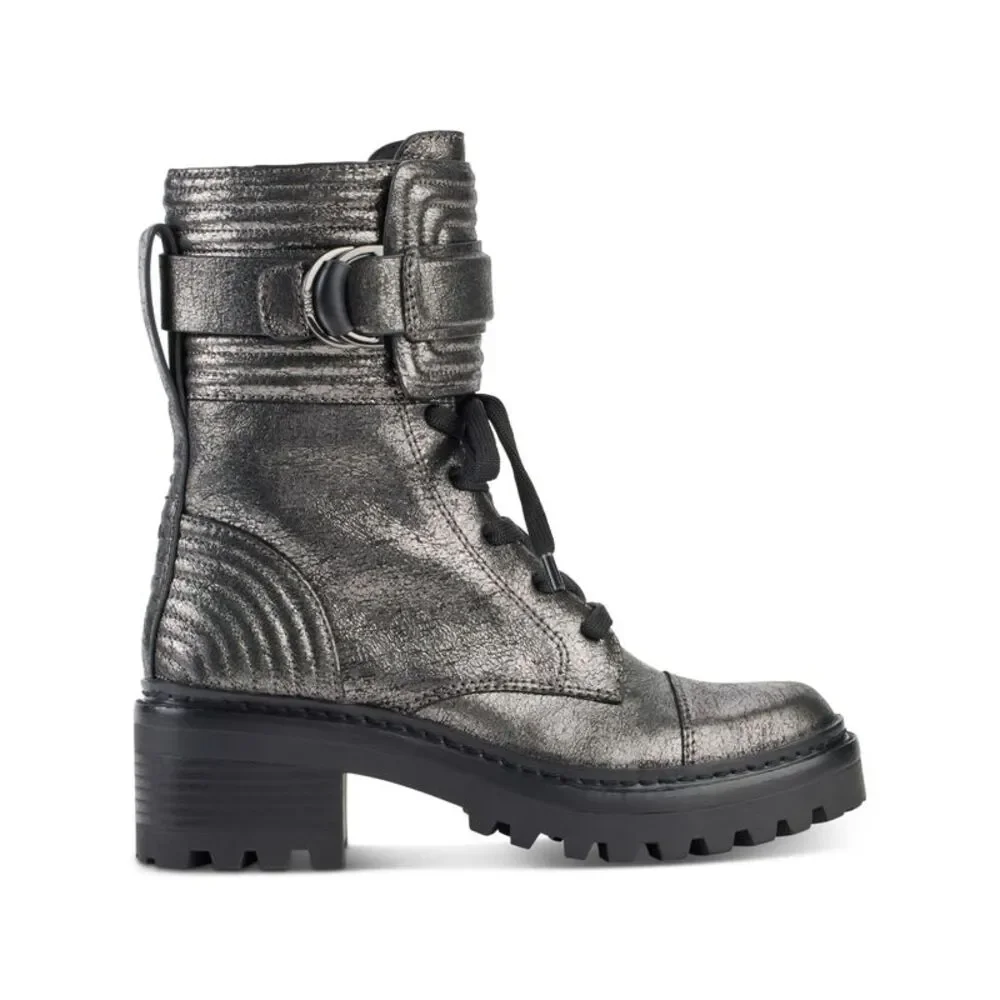 DKNY Womens Silver Basia Round Toe Block Heel Leather Combat Boots 7.5 M_3